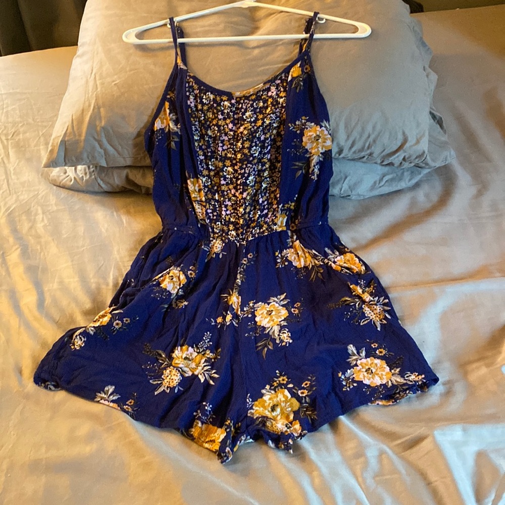 Navy blue and coral romper, blue rain brand, medium size, good condition
